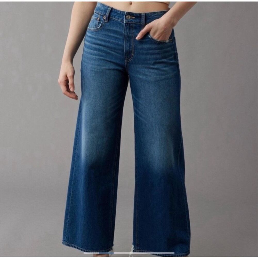 American Eagle Strigid High Rise Baggy Wide Leg Ankle Denim Jean Dark Wash 8 S